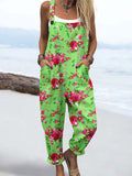 Wome's Rose Pattern Print Casual Cotton Wide Leg Jumpsuit