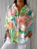 Women's Floral Art Print Casual Cotton And Linen 3/4 Sleeve Shirt