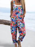 Wome'S Vintage American Flag And Flowers Print Casual Cotton Wide Leg Jumpsuit