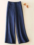 Women's Solid Color Button Half Elastic High Waist Casual Cotton and Linen Wide Leg Pants