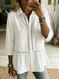 Effortless Bohemian Linen Blend Top with Delicate Hollow-Out Detail