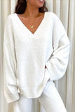 Solid Color V-neck Casual Sweater Two Piece Suit