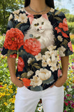 Womens Black Orange Floral White Cat Print Casual Shirt
