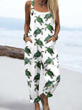 Wome's Holiday Style Green Turtle Pattern Print Casual Cotton Wide Leg Jumpsuit