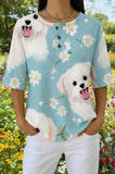 Womens Light Blue Floral White Dog Print Casual Shirt