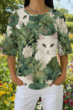 Womens Green Monstera Leaf White Cat Print Casual Shirt