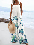 Women's Sea Turtles Parading In The Underwater World Pattern Loose Linen Material Jumpsuits