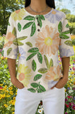 Womens Cream Green Leafy Print Casual Henley Shirt