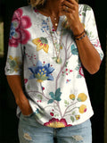 Women’s Floral Pattern Art Casual Classic Henley Collar 100% Cotton T-shirt