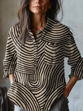 Women's Retro Lines Print Casual Cotton And Linen Shirt
