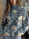Women's Vintage Lovely Floral Art Print Knit Turtleneck Pullover Sweater RM012