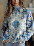 Women's Vintage Lovely Floral Art Print Knit Turtleneck Pullover Sweater RM017