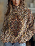 Vintage Symmetrical Flowers Print Knit Turtleneck Pullover Sweater RM020