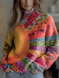 Vintage Panelled Sunburst Pattern Print Knit Turtleneck Pullover Sweater RM011