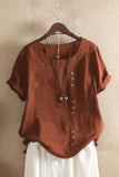 Women's Round Neck Solid Color Buttons Short Sleeves Blouse