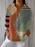 Women's Vintage Abstract Geometry Art Print Casual Cotton And Linen 3/4 Sleeve Shirt
