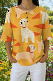 Womens Yellow Geometric Dog Print Casual Shirt