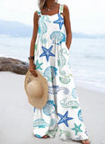 Women's Resort Style Ocean Sea Star Split Joint Square Collar Beach Linen Fabric Jumpsuits