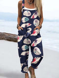 Wome's Holiday Style Flower Art Conch Pattern  Print Casual Cotton Wide Leg Jumpsuit