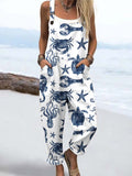 Wome'S Holiday Style Watercolor Underwater World Pattern  Print Casual Cotton Wide Leg Jumpsuit