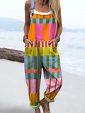 Wome's Holiday Style Irregular Art Lattice Stripes Pattern Print Casual Cotton Wide Leg Jumpsuit