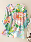 Women's Floral Art Print Casual Cotton And Linen 3/4 Sleeve Shirt