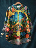 Vintage Peace And Love Floral Art Print Casual Cotton And Linen Shirt RB076