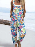 Wome'S Watercolor Turtle PatternPrint Casual Cotton Wide Leg Jumpsuit