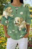 Womens Green Golden Retriever Leaf Print Casual Shirt