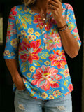 Women’s Vintage Floral Print Casual Half Sleeve Henley Cotton Top RSST211