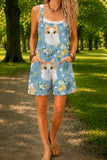 Women’s Blue Cute Cat Print Casual Cotton Wide Leg Romper