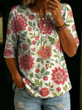 Women’s Vintage Floral Print Casual Half Sleeve Henley Cotton Top RSST212