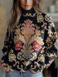 Women's Vintage Lovely Floral Art Print Knit Turtleneck Pullover Sweater RM097