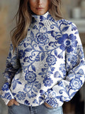 Women's Vintage Lovely Floral Art Print Knit Turtleneck Pullover Sweater RM019