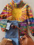 Women's Vintage Lovely Sun Floral Art Print Knit Turtleneck Pullover Sweater RM084