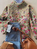 Vintage Lovely Floral Art Print Knit Turtleneck Pullover Sweater RM076