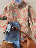 Vintage Lovely Floral Art Print Knit Turtleneck Pullover Sweater RM081