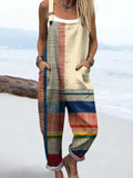 Women's Abstract Geometric Line Pattern Art Print Casual Cotton Linen Wide Leg Jumpsuit RJ001