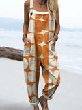 Women's Abstract Geometric Pattern Art Print Casual Cotton Linen Wide Leg Jumpsuit RJ008
