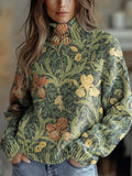 Women's Vintage Floral Art Print Knit Turtleneck Pullover Sweater RM055