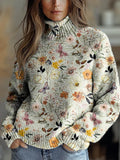 Women's Vintage Floral Art Print Knit Turtleneck Pullover Sweater RM059