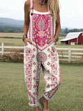 Women's Vintage Floral Pattern Art Print Casual Cotton Linen Wide Leg Jumpsuit RJ044