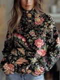 Women's Vintage Art Flower Print Knit Turtleneck Pullover Sweater RM061