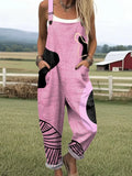 Women's Irregular Pink Line Polka Dot Print Casual Cotton Linen Wide Leg Jumpsuit