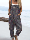 Women's Vintage Flowers Art Print Casual Cotton Linen Wide Leg Jumpsuit RJ005
