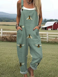 Women's Funny Bee Art Print Casual Cotton Linen Wide Leg Jumpsuit RJ006