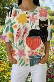 Womens White Tropical Leaf Black Cat Print Casual Shirt