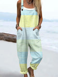 Women's Vintage Abstract Geometric Lines Art Print Casual Cotton Linen Wide Leg Jumpsuit RJ004