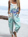 Women's Vintage Ocean Marine Turtle Print Casual Cotton Wide Leg Jumpsuit