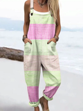 Women'S Holiday Style Seaside Fresh Striped Print Casual Cotton Wide-Leg Jumpsuit